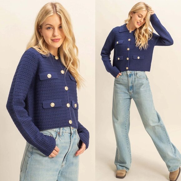 Eva Textured Knit Sweater Jacket with Gold Buttons | Women's Fall and Winter - Picture 1 of 7